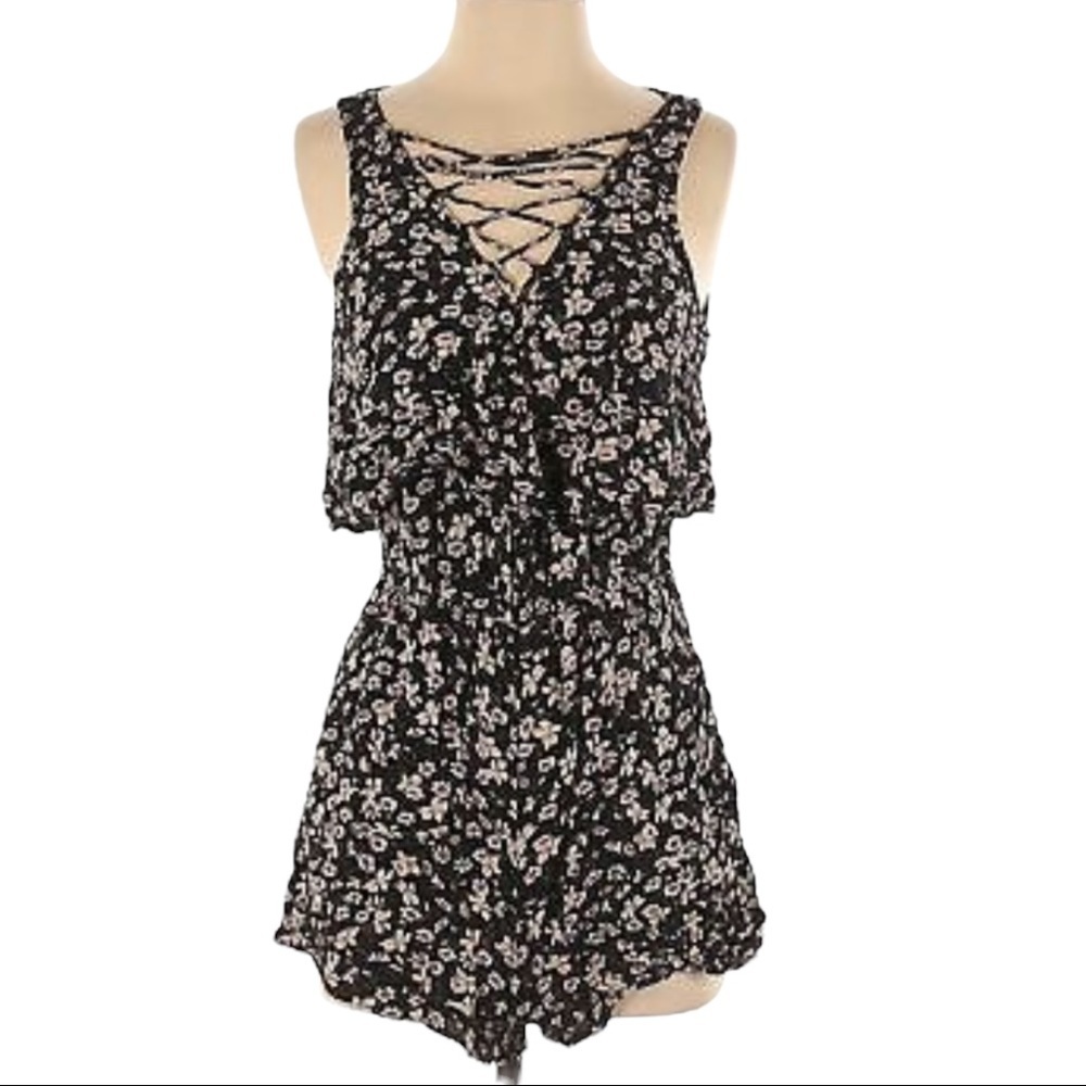 American Eagle Lace Up Sleeveless Open Back Black Floral Romper Small